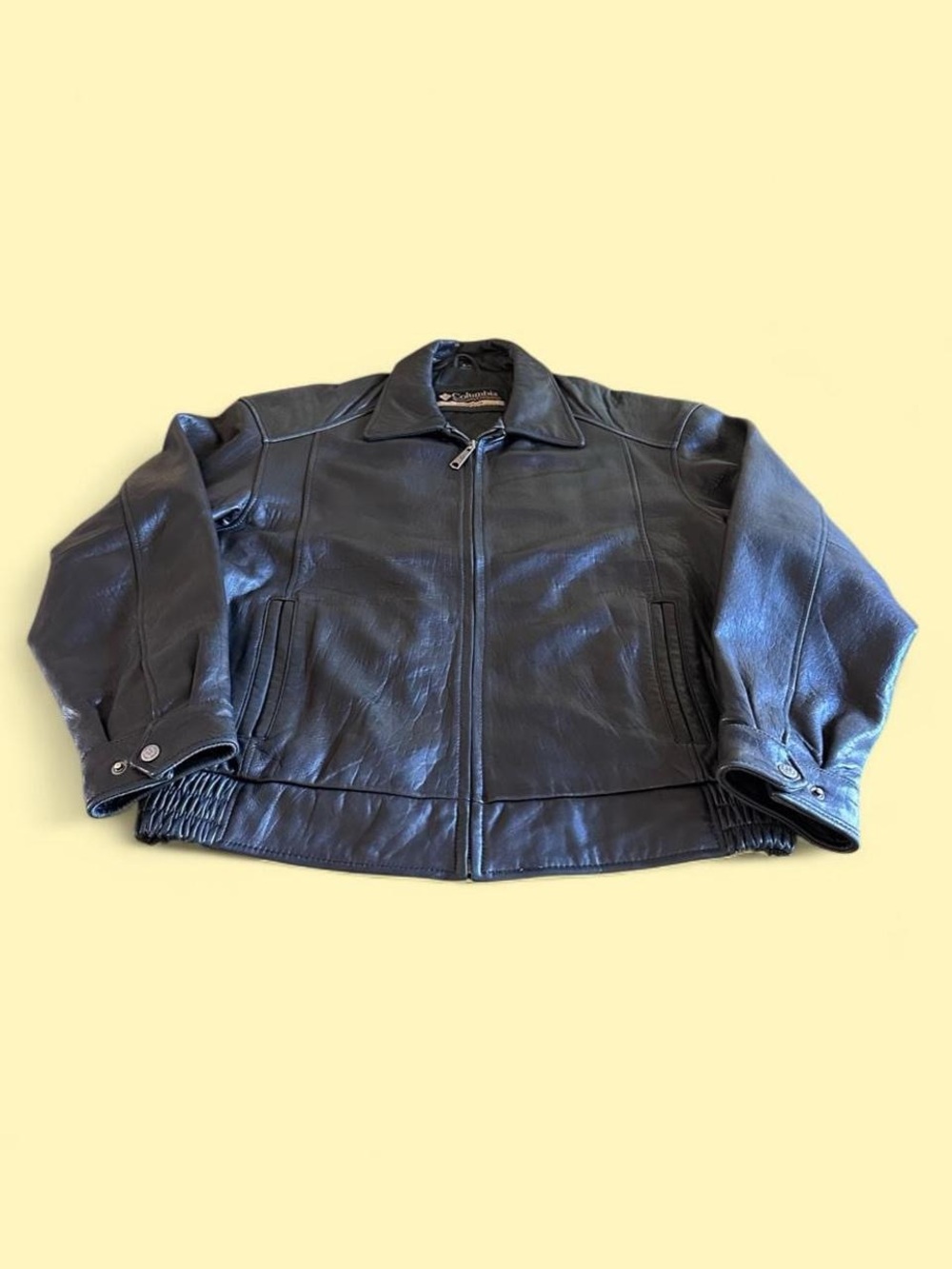 Vintage Columbia Black Leather Bomber Jacket Quilted Lined Men’s XL